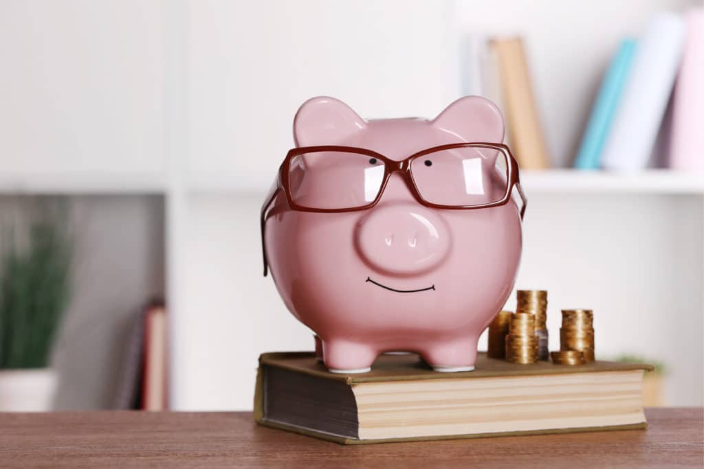 piggy bank sitting on top of a newly published book