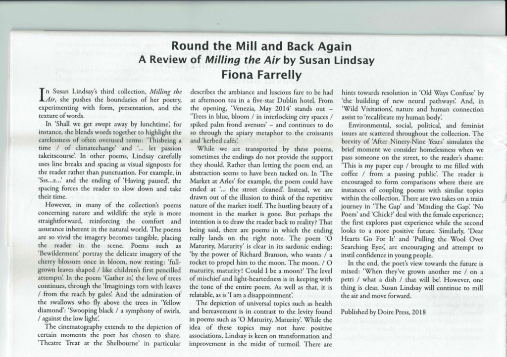 A review of Milling The Air By Susan Lindsay by Fiona Farrelly